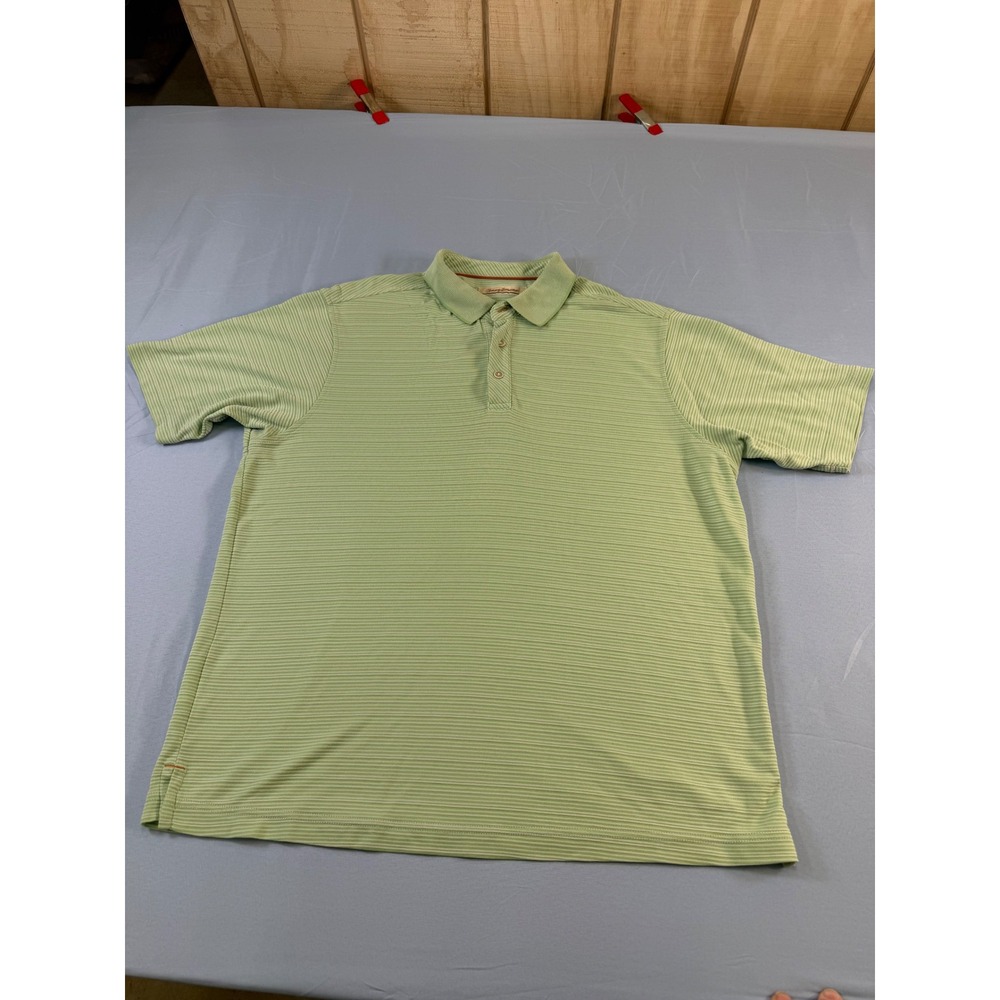 Tommy Bahama Mens Polo Shirt Medium Lime Green Striped Modal Blend Short‎ Sleeve